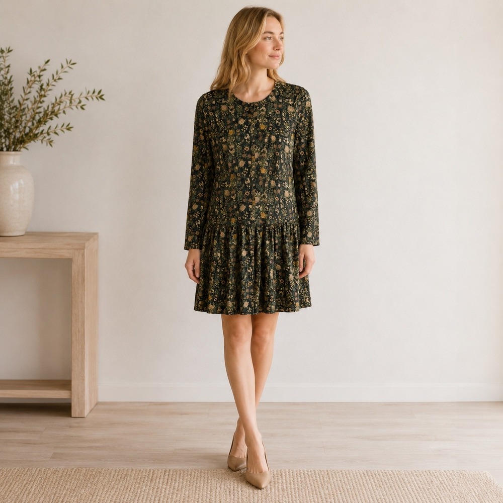 Peruvian Connection Floral Knit Drop Waist Dress XS Green Pima Cotton Cottage